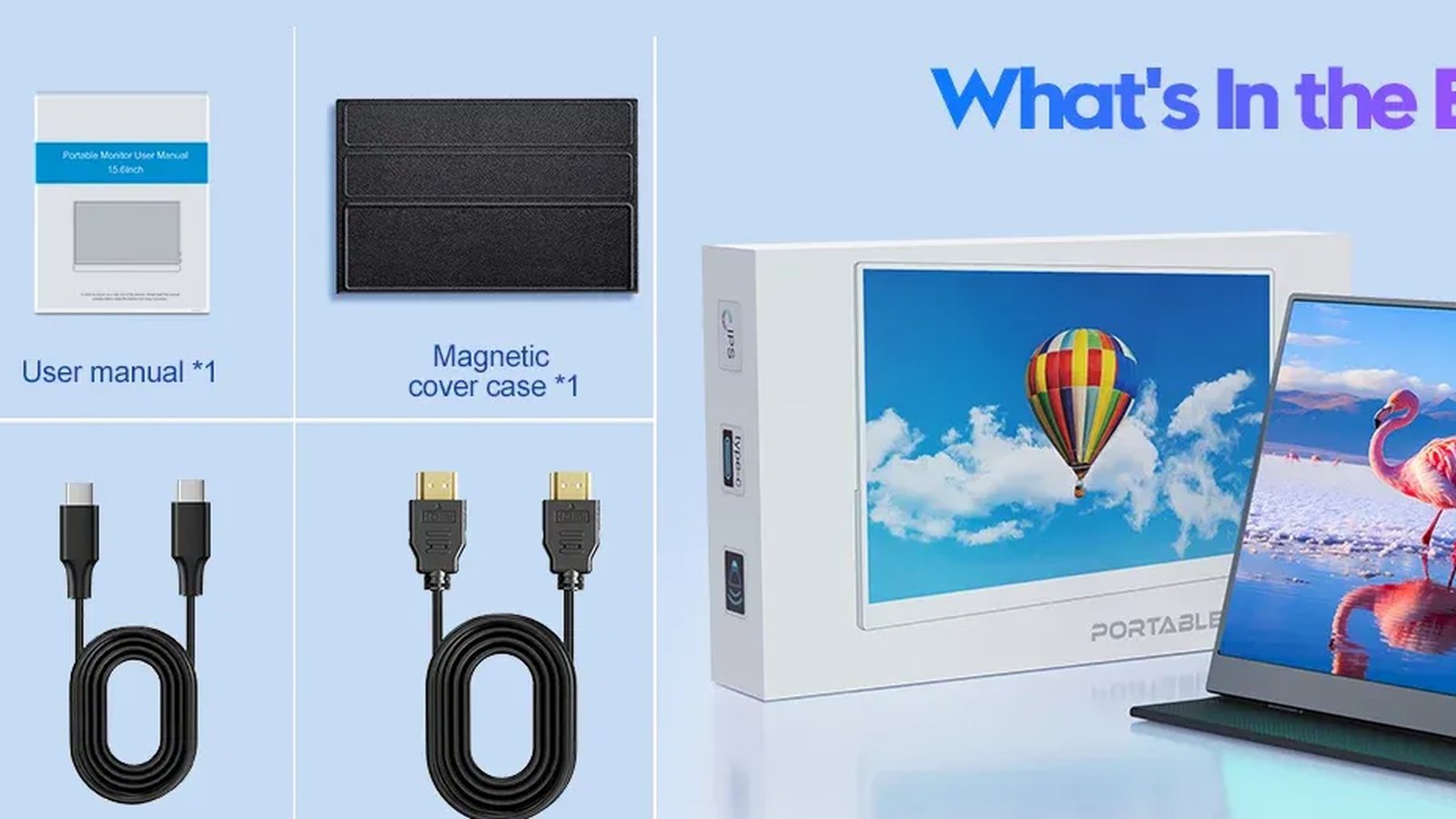 Coolhood 15.6in USB-C portable monitor used as a digital nomad second screen on a café desk beside a laptop.