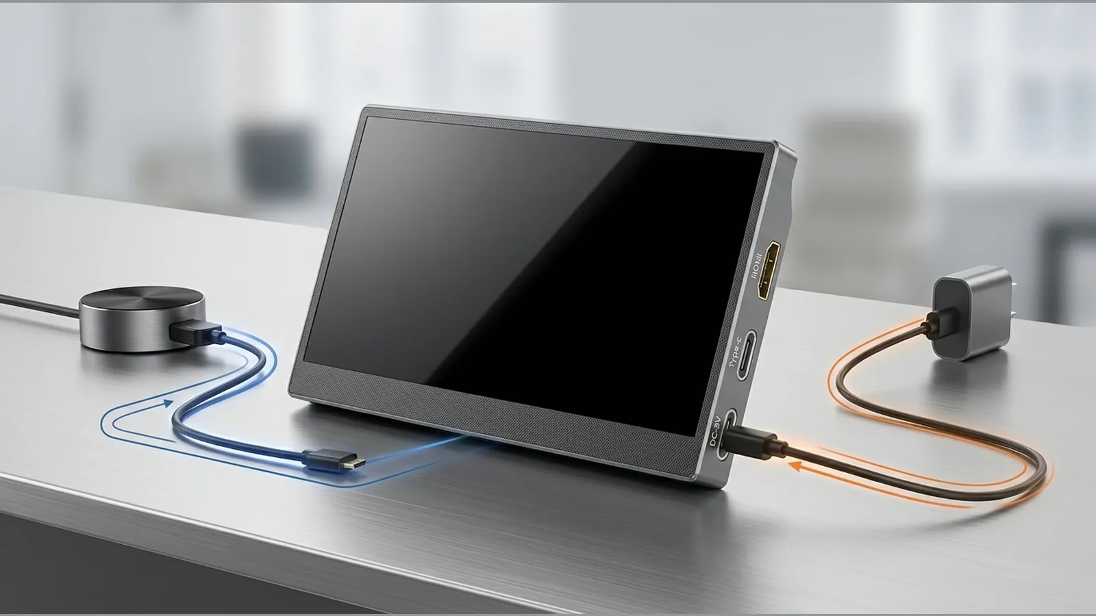 Separate HDMI video and power paths for a portable monitor