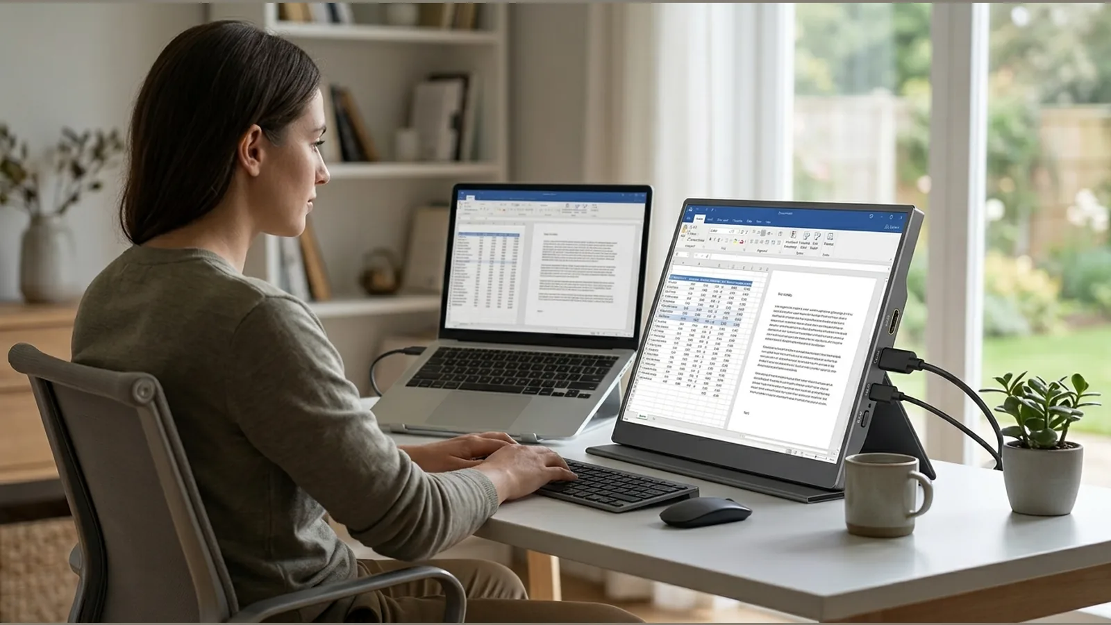Home-office workstation with a laptop and portable monitor arranged for a DSE check
