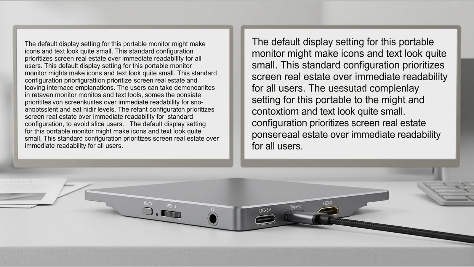 Portable monitor showing a clearer text scaling setup beside a laptop